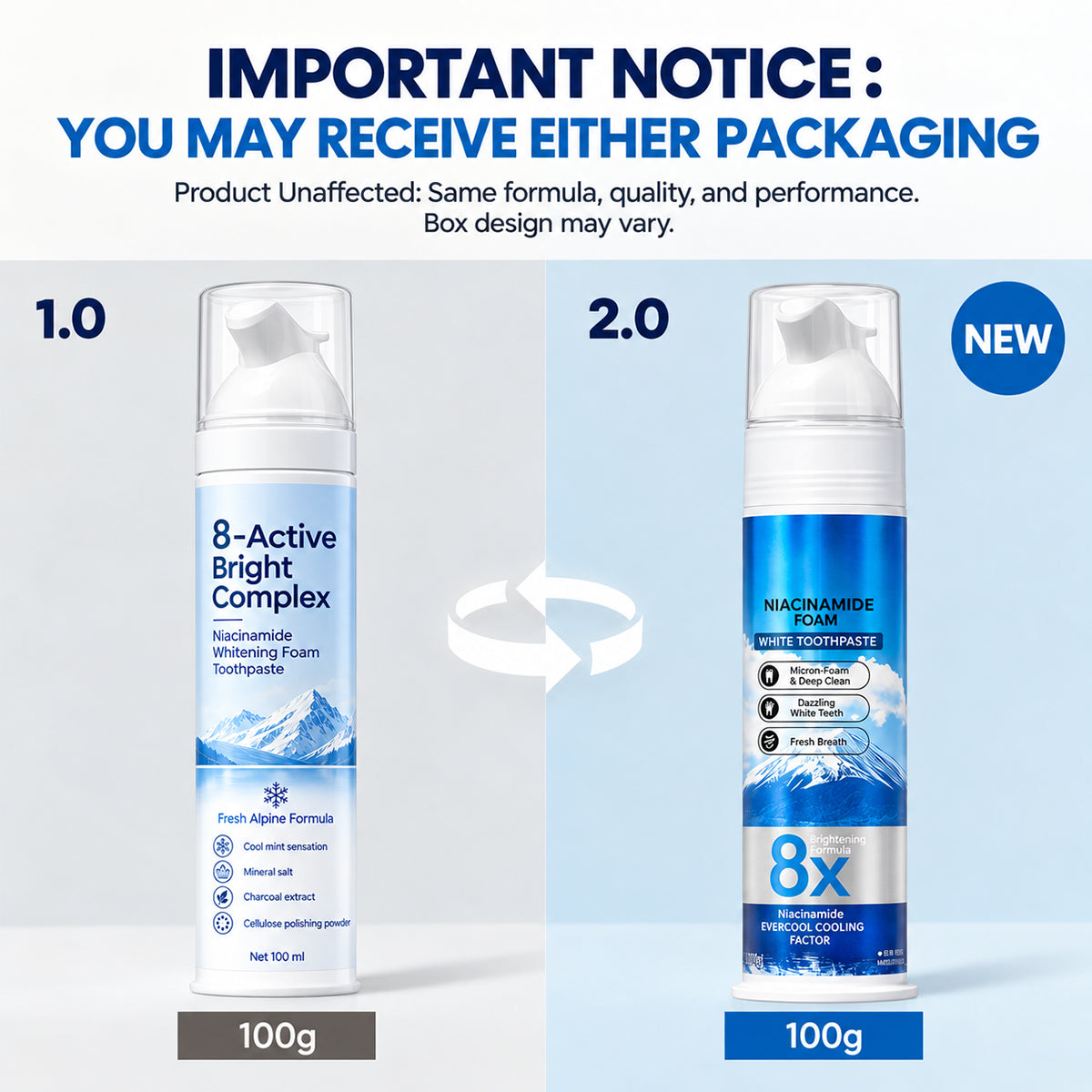 Niacinamide Foaming Whitening Toothpaste 8X - Fresh Breath Stain Removal Gentle Teeth Cleaning 100ml-D