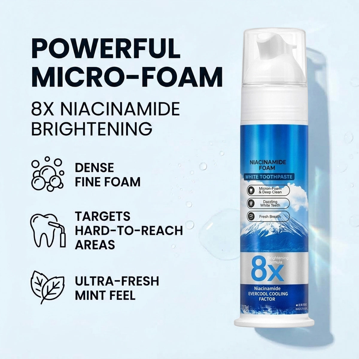 Niacinamide Foaming Whitening Toothpaste 8X - Fresh Breath Stain Removal Gentle Teeth Cleaning 100ml-D